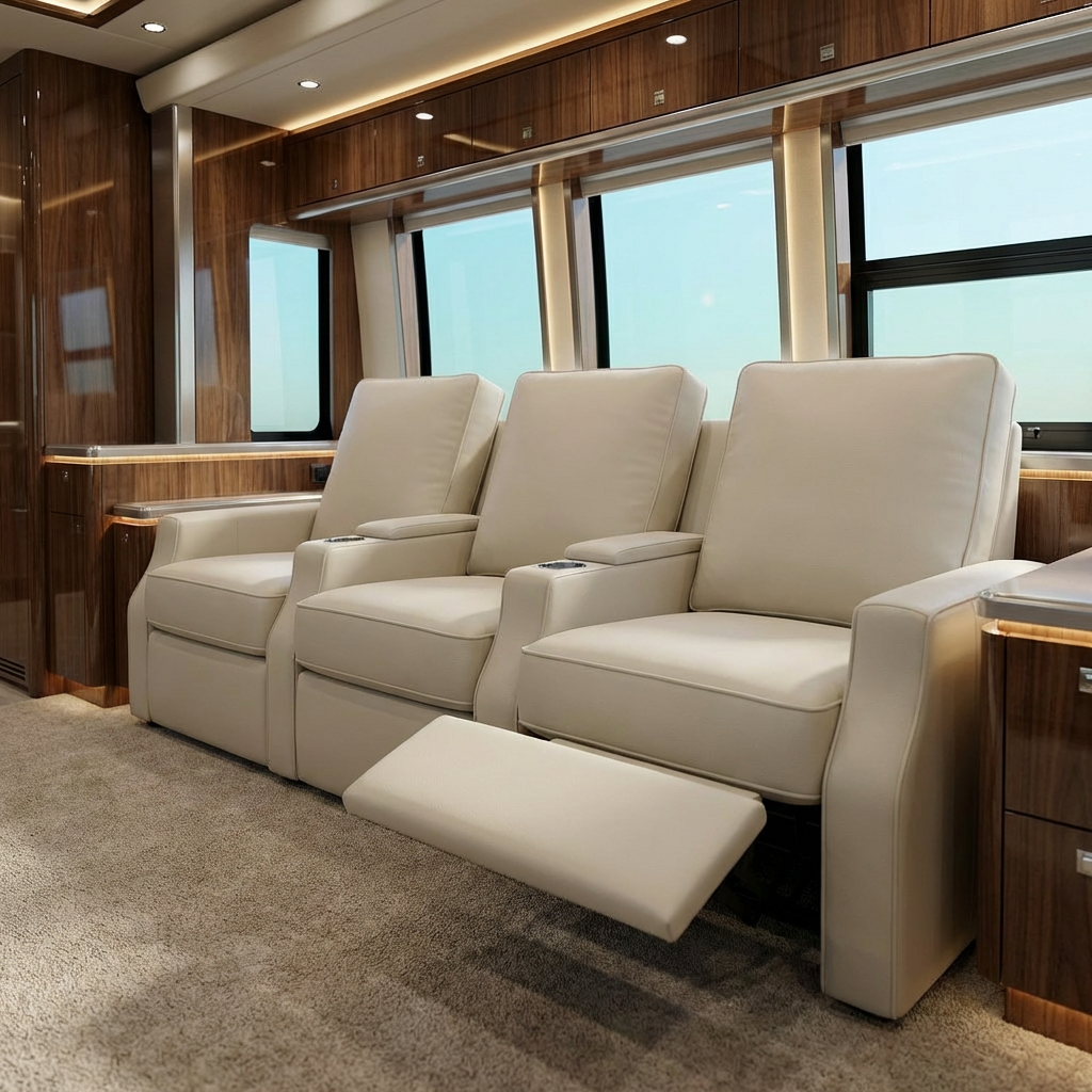 American Hickory cream leather theater seating installed in a luxury Prevost motorcoach with reclining seats, cupholders, and custom wood interior