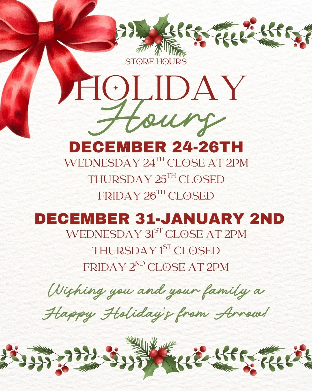 Holiday Hours at Arrow for both locations.

Happy Holidays from Arrow Tools!
#arrowtools #happyholidays