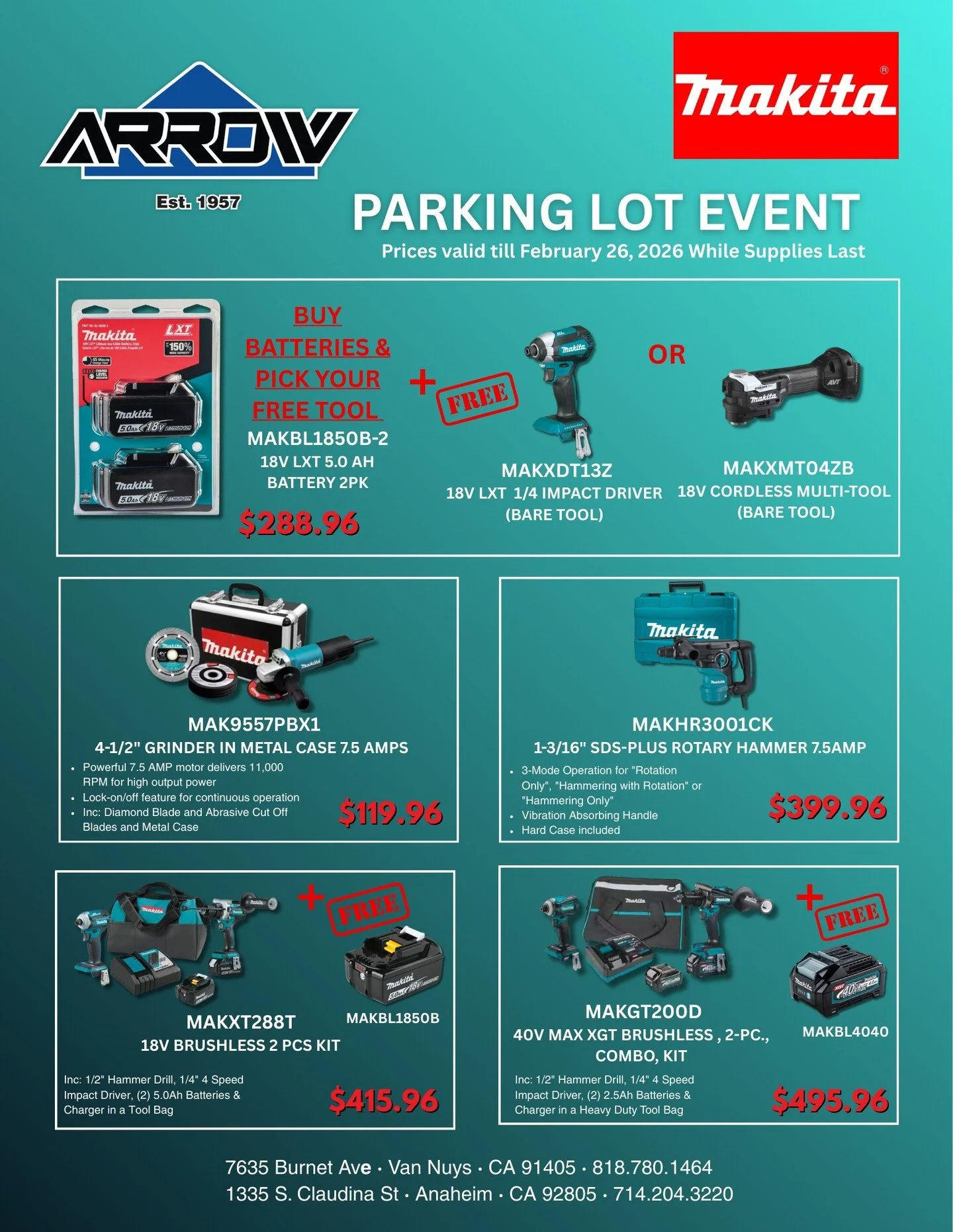 Come to the Parking Lot Event Today 8am - 2pm at our Van Nuys location. Makita deals today only!
#arrowtools #makita #parkinglotevent #deals #tools