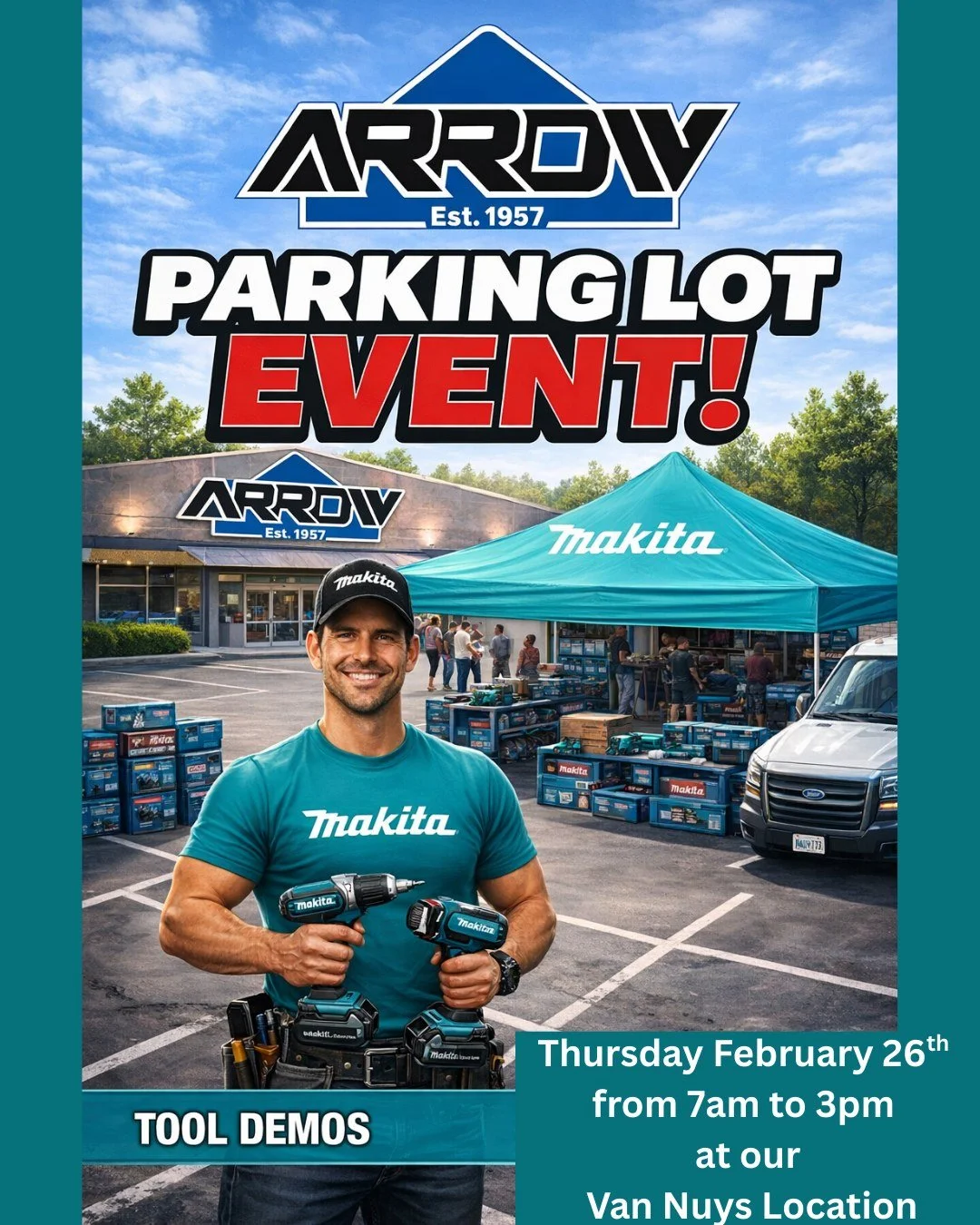 ✔️ Live demos
✔️ Featured Makita tools
✔️ Exclusive event specials
🗓 Thursday
⏰ 7am&ndash;3pm
📍 Van Nuys
#arrowtools #makita #parkinglotevent #livedemos