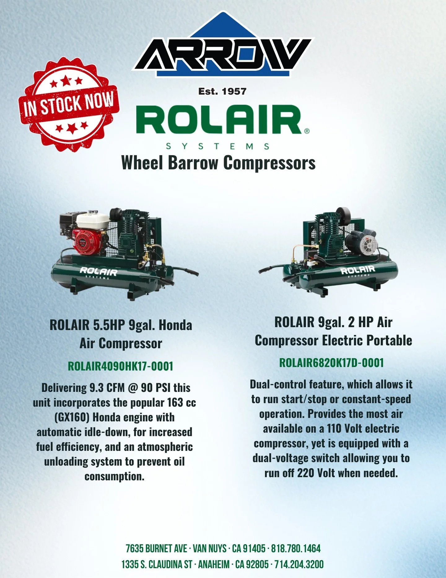 Look what just landed back in stock! Rolair compressors! Order yours now!
#arrowtools #rolair #compressors #tools