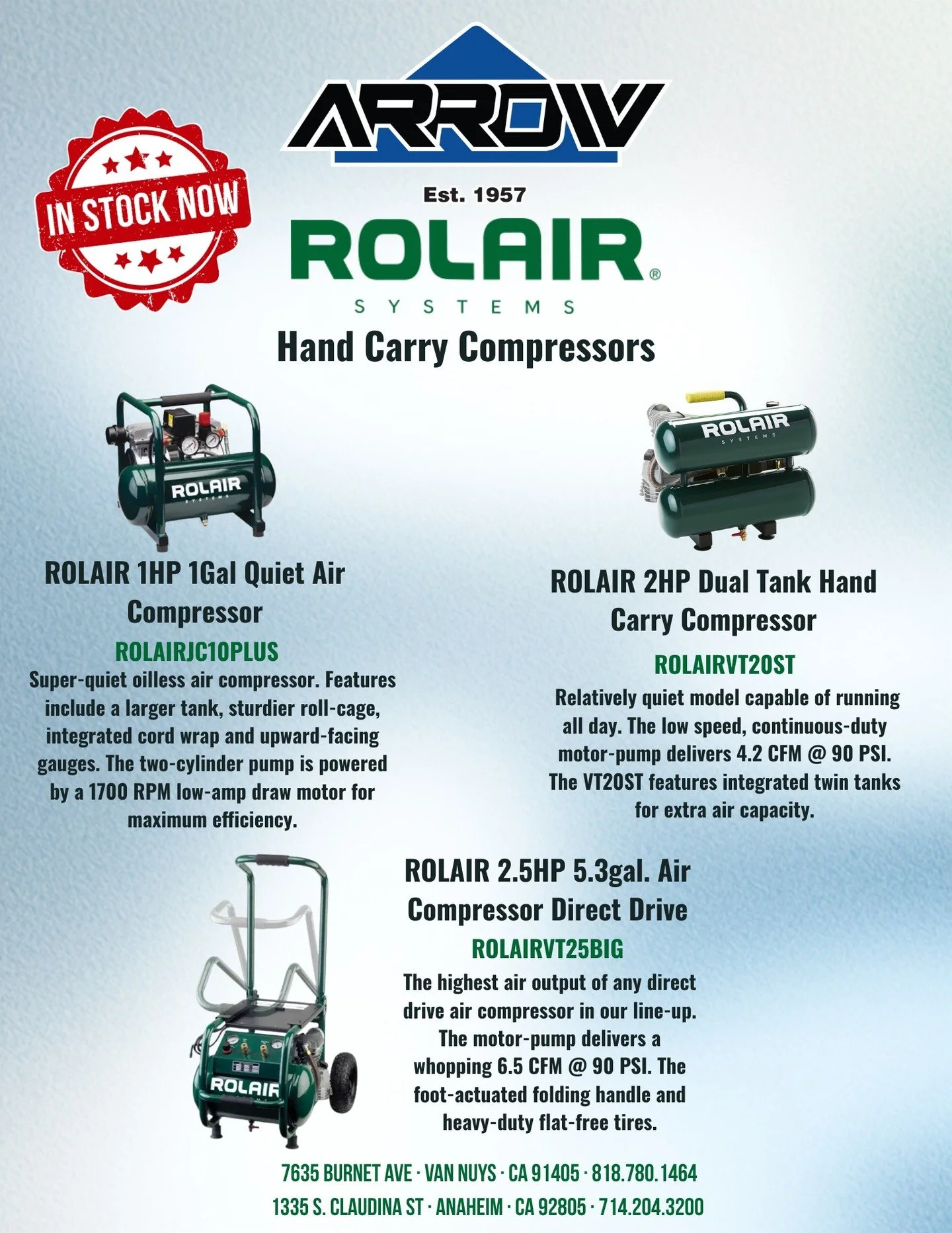 Look what just landed back in stock! Rolair hand carry compressors! Order yours now!
#arrowtools #rolair #compressors #tools