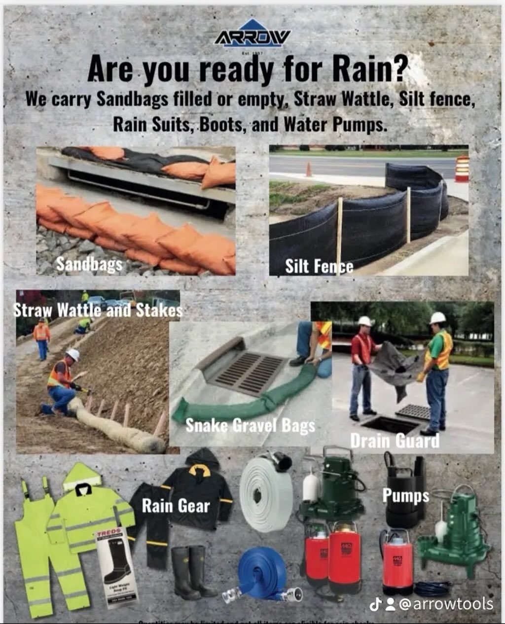 Are you ready for the upcoming rain this weekend? Come get your gear. #arrowtools #vannuys #rain #weather #weekend