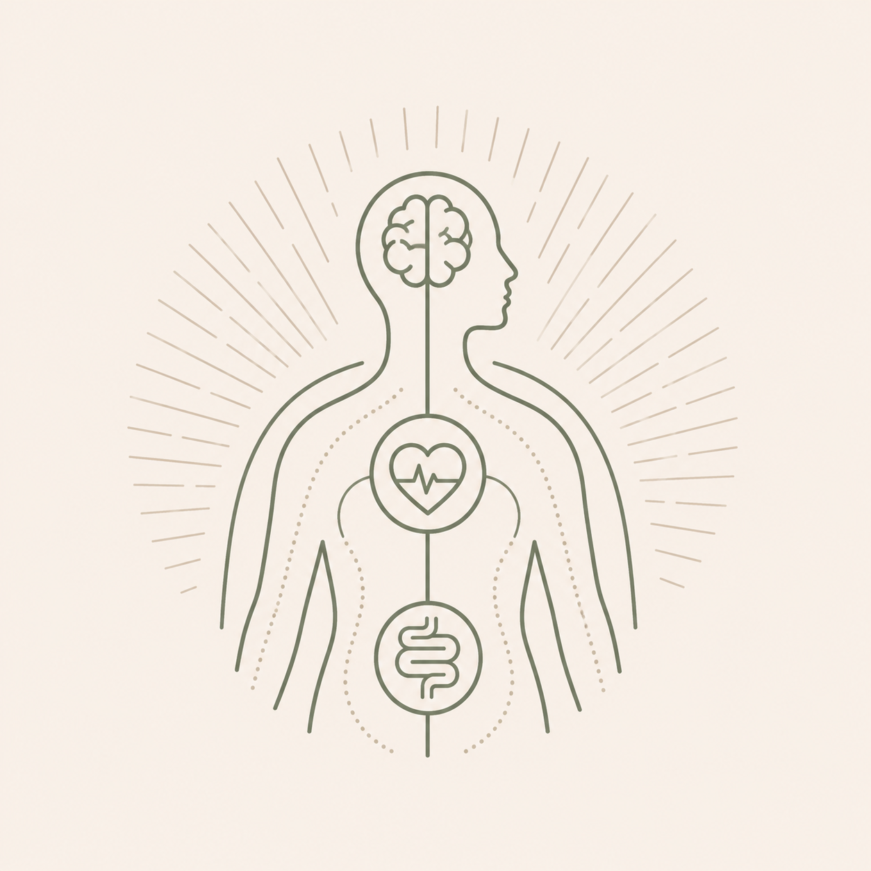 Lijntekening van een menselijk lichaam voor lichaamsgerichte therapie en fysieke signalen bij Rooted & Rise