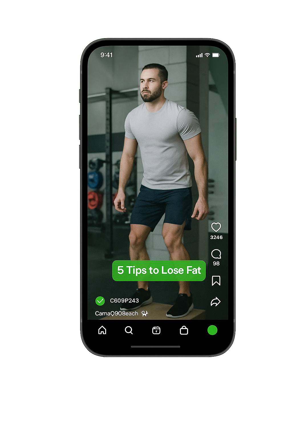 Smartphone screen displaying a fitness tutorial video titled '5 Tips to Lose Fat' featuring a man in athletic clothing in a gym.