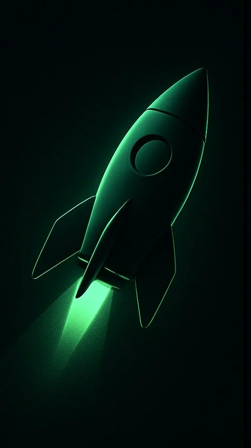 A neon green rocket ship emitting light in a dark environment, with a sleek, futuristic design.