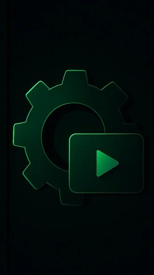 A glowing green gear icon with a play button overlay, representing settings or media controls.