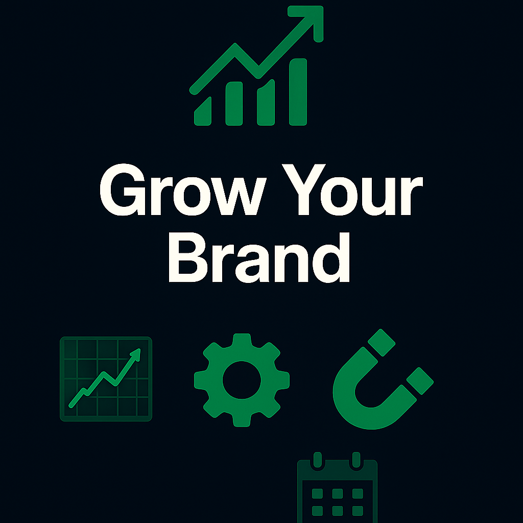 Promotional graphic with upward trending graphs, a gear, a magnet, and a calendar, with the text "Grow Your Brand".