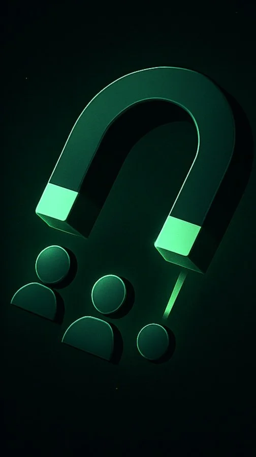 Illustration of a large magnetic horseshoe magnet attracting three stylized human figures, representing social connection or engagement.