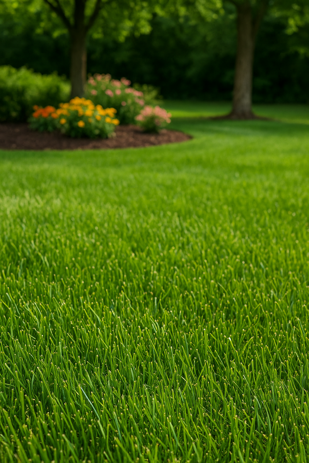 Close-up view of well-maintained green grass on a lawn with flower bed and trees in the background