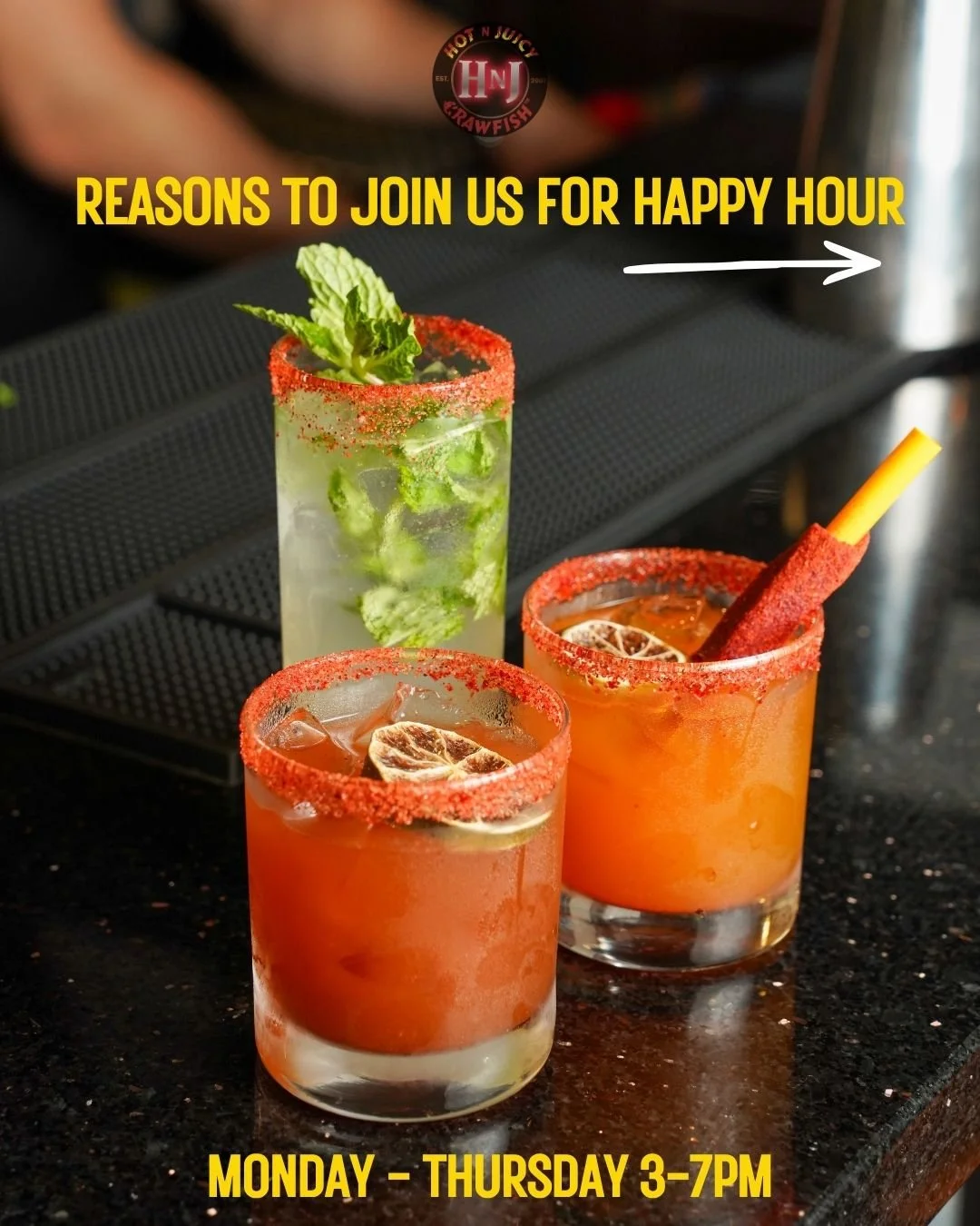 Happy hour from 3-7pm! Deals on beer and margs and favorites like mussels, crawfish, and shrimp or fries, etouffee, and po'boys!