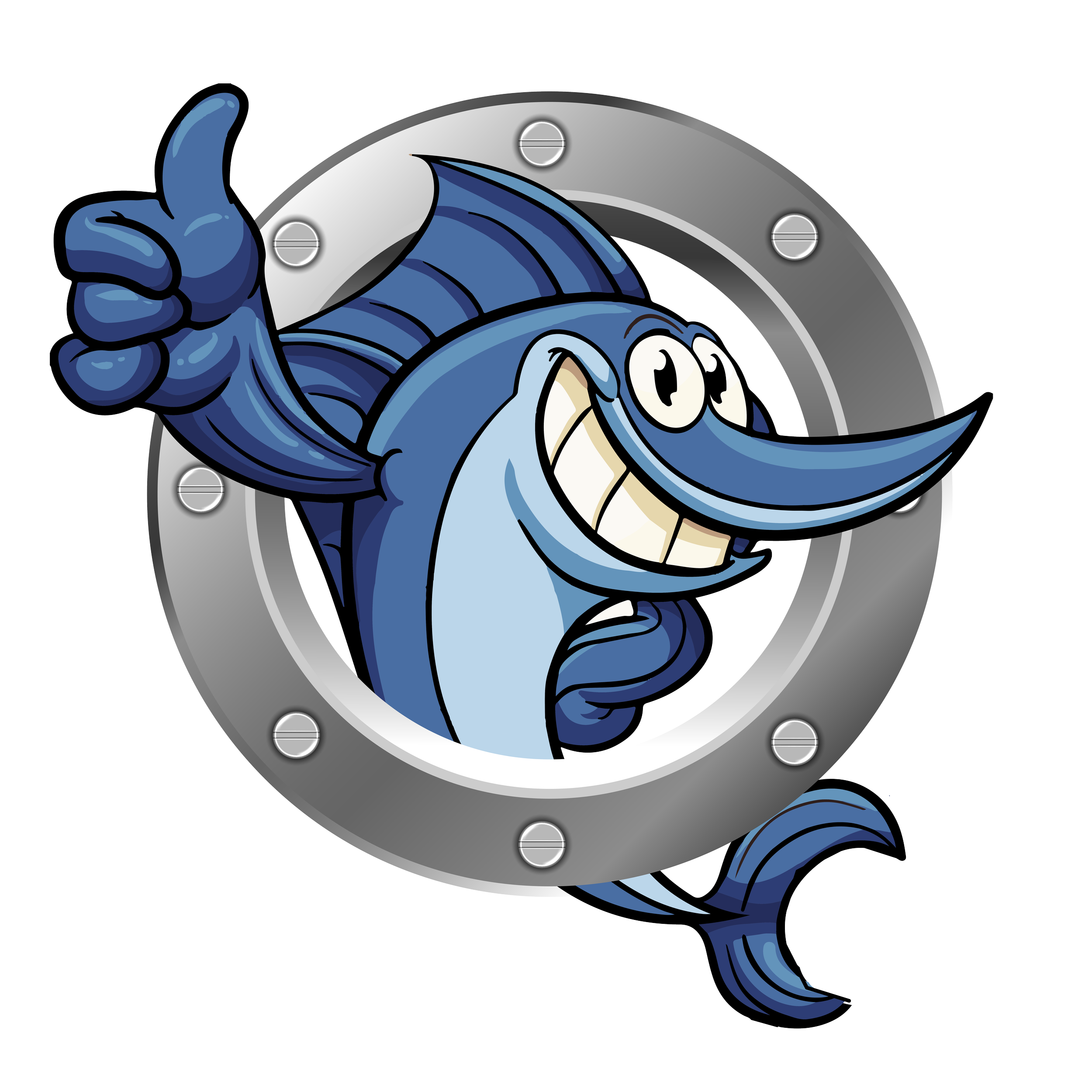 A cartoon fish with a big smile, giving a thumbs-up, is peeking out of a circular metallic hatch with bolts.