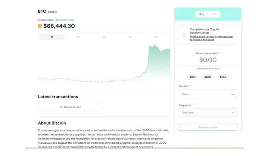 Main Crypto Page Showing Buy/Sell Option