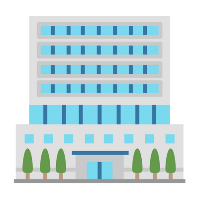 Multi-story office building with glass windows and a row of trees in front.