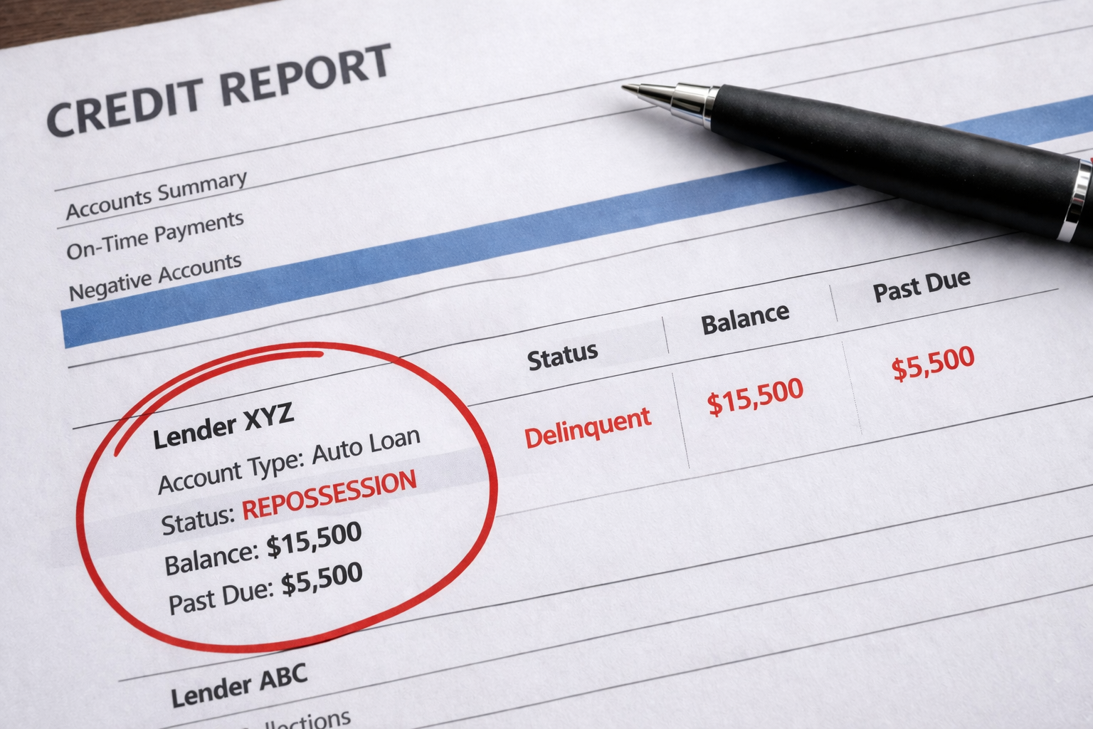 Credit report showing a repossession account with balance, status, and past due details