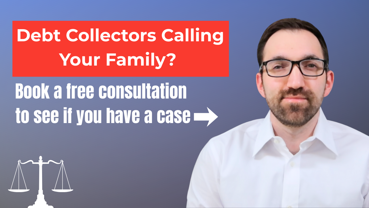 Image of Maks Reznik with text reading “Debt collectors calling your family? Book a free consultation to see if you have a case.”