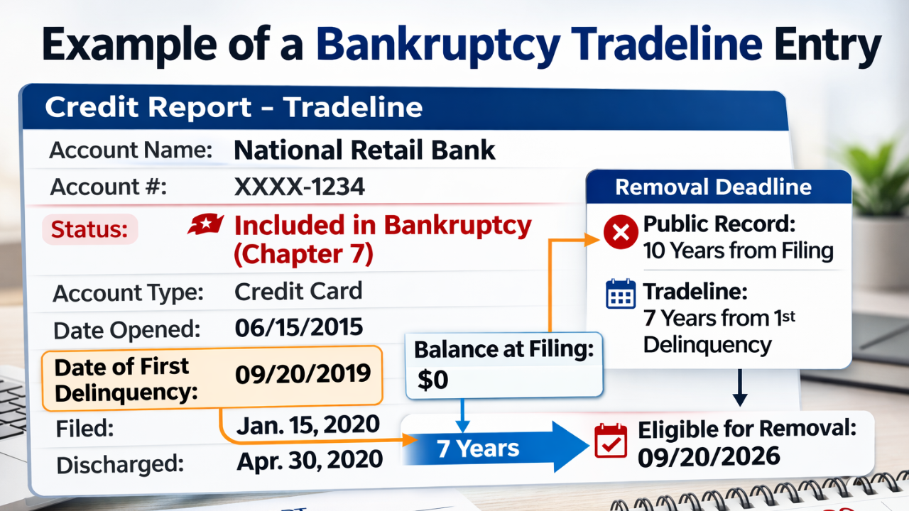 Example of a credit report tradeline showing an account marked “Included in Bankruptcy (Chapter 7)” with the date of first delinquency and a 7 year reporting timeline.