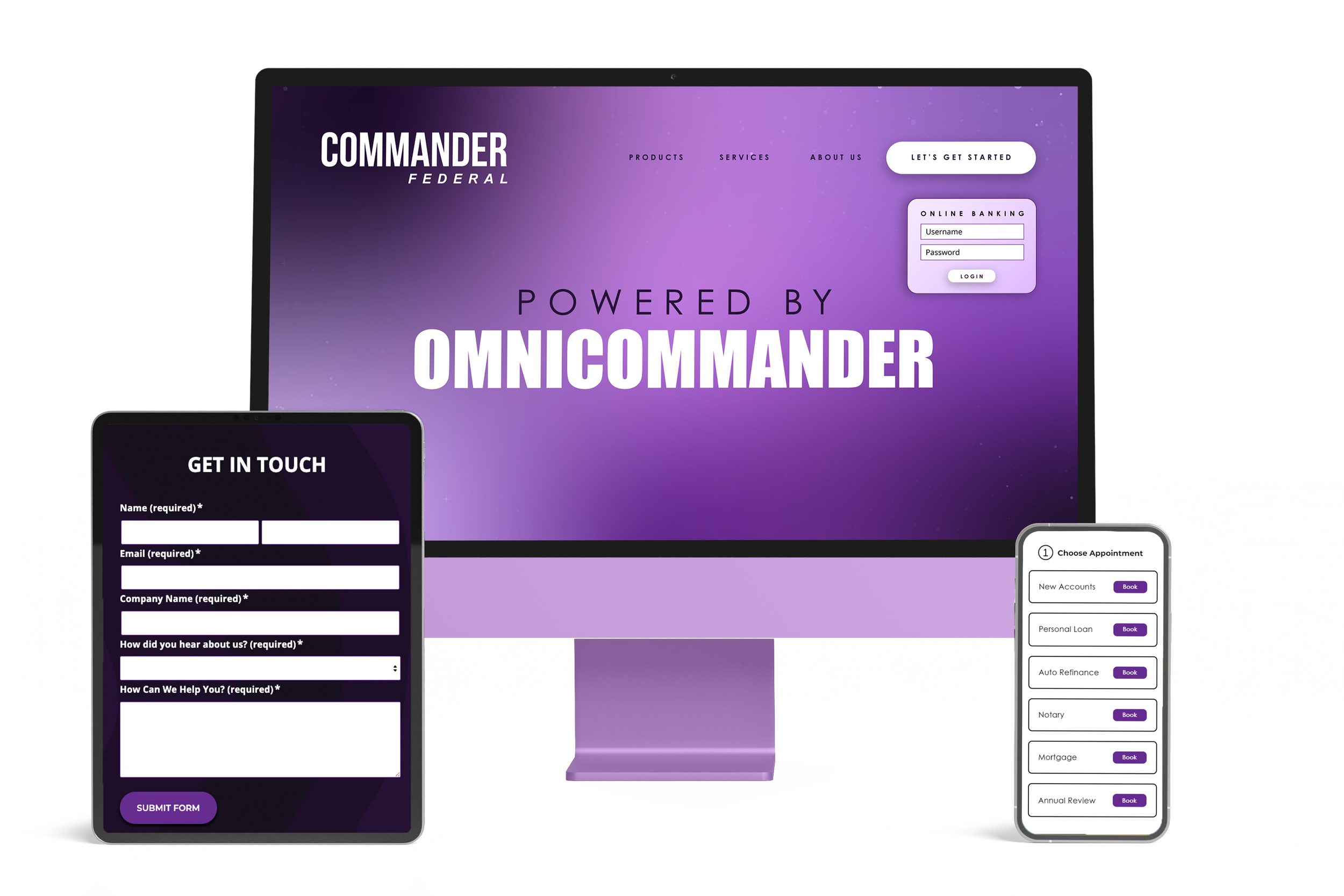 Digital marketing mock-up featuring a dark purple-themed financial services website, 'COMMANDER FEDERAL,' on a desktop monitor and a tablet displaying 'Get in Touch' and 'Choose Appointment' forms.