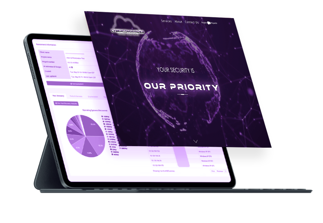 Mockup of tablet with an overlay image showing "your security is our priority", behind it a screen shows graphs and key security data