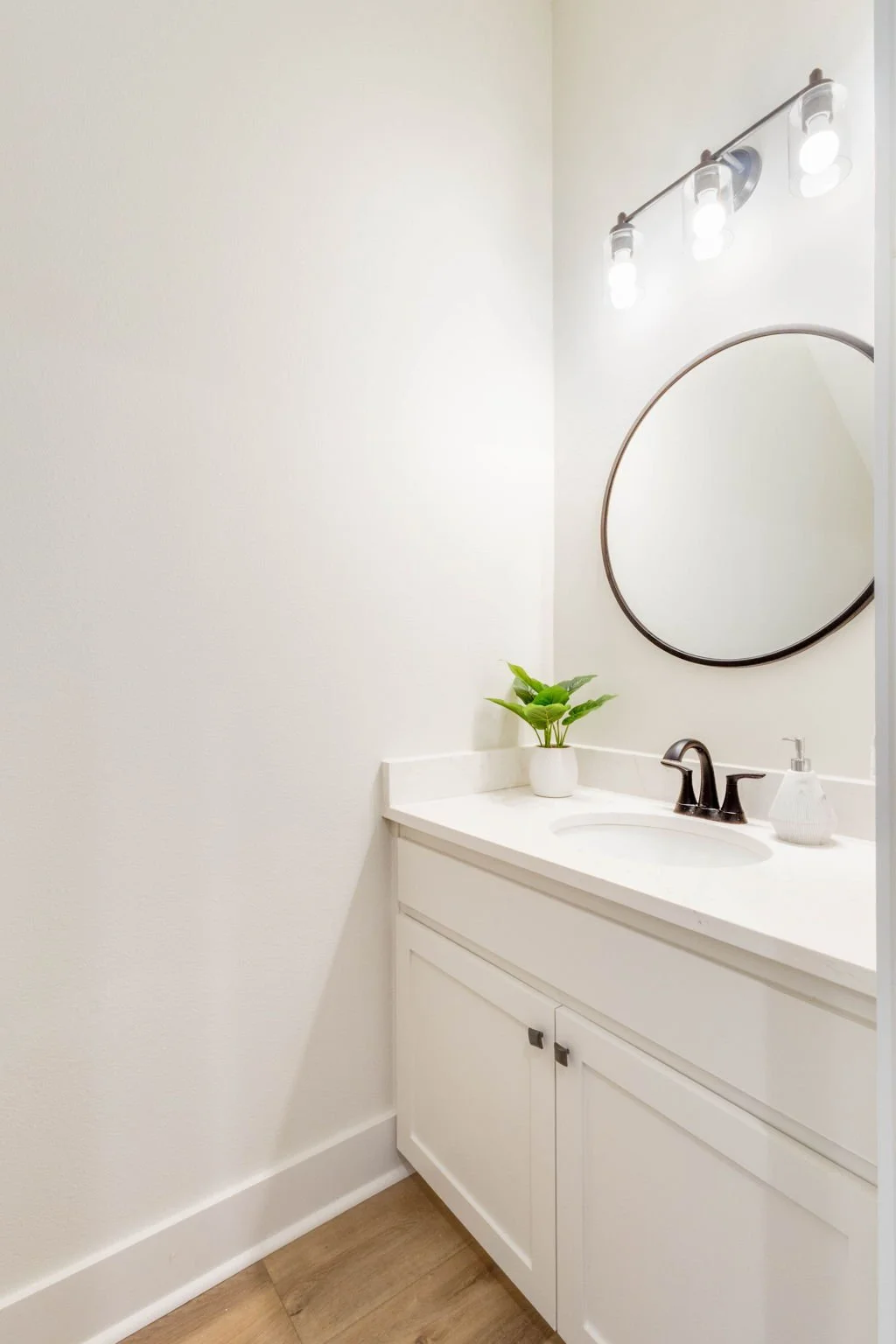 Bathroom vanity with a white cabinet, a round mirror, a plant in a white pot, a soap dispenser, and a light fixture with four bulbs.