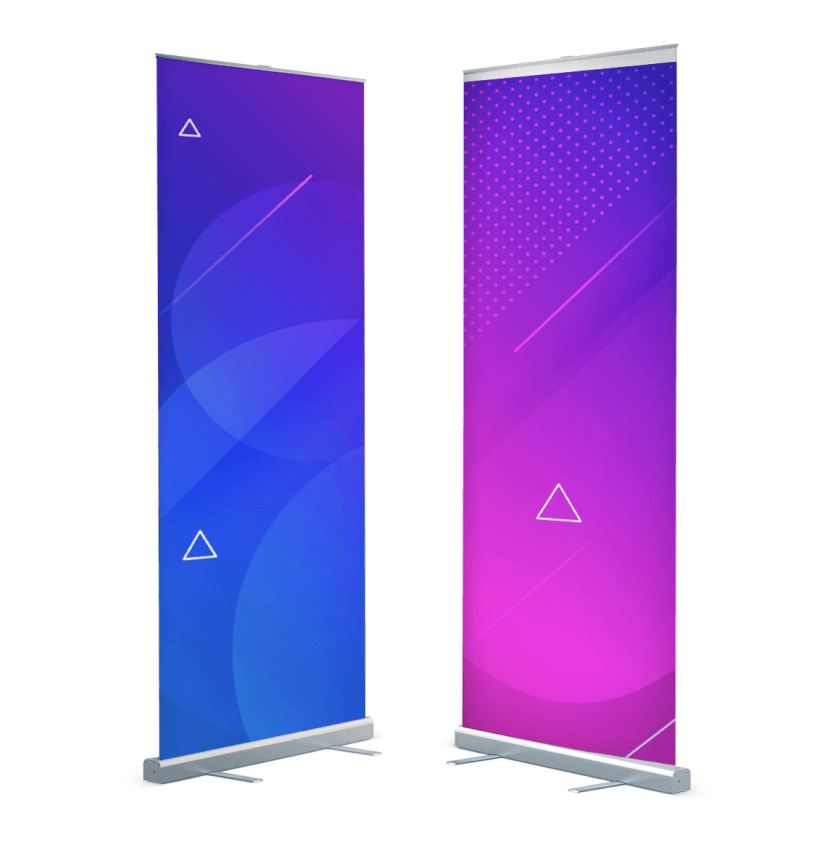 Two colorful vertical roll-up banners with abstract geometric designs, one with shades of blue and the other with shades of purple and pink.