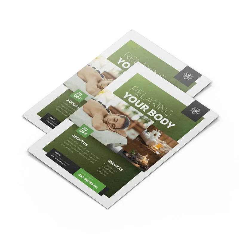 Flyer for a wellness or massage spa with the headline 'Relaxing Your Body', a photo of a woman receiving a massage, and details about services and contact info.