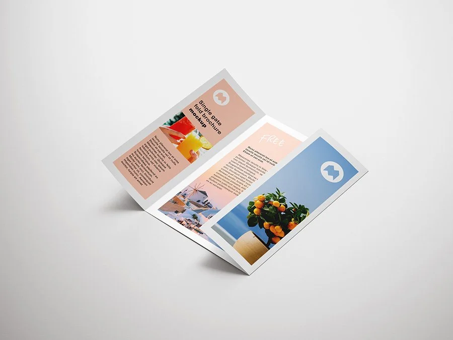 Tri-fold brochure with images of drinks, flowers, and a seaside scene, featuring text and a logo at the top.