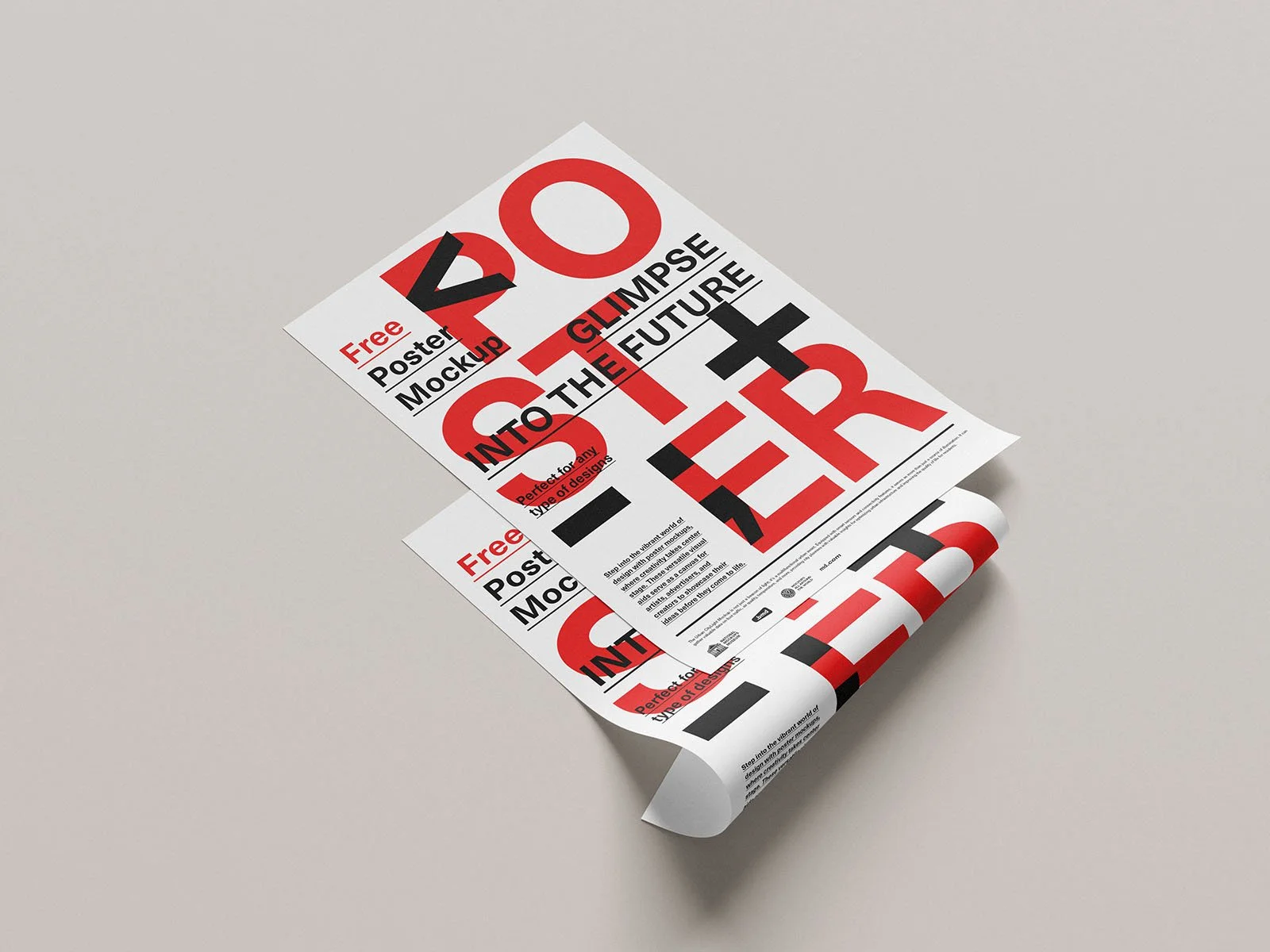 Two printed posters with bold red, black, and white text, some overlapping, placed on a plain white surface.