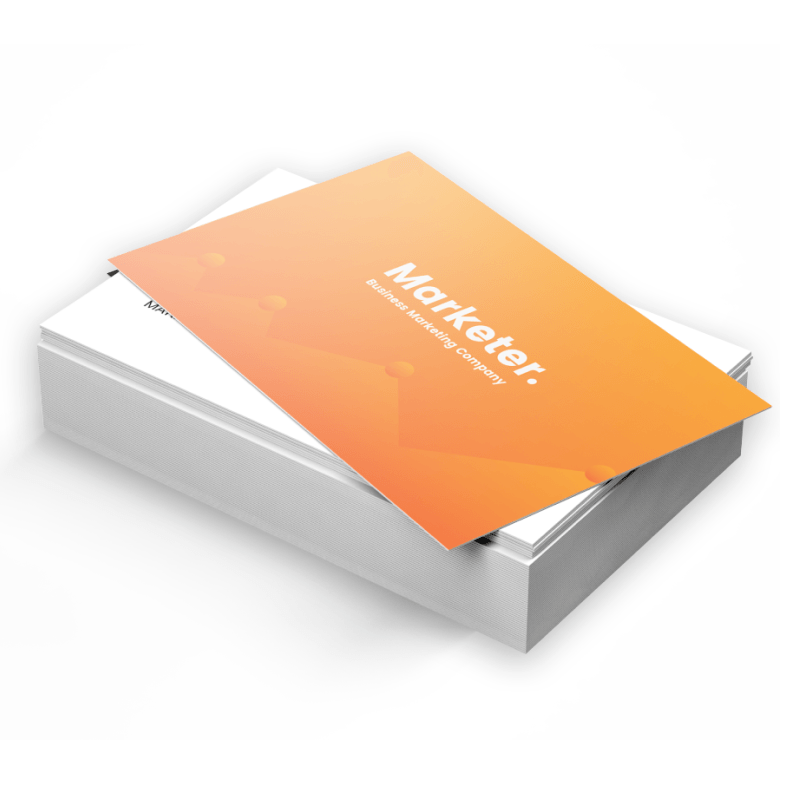 Stack of marketing brochures with an orange cover labeled 'Marketer' and 'business marketing company'.