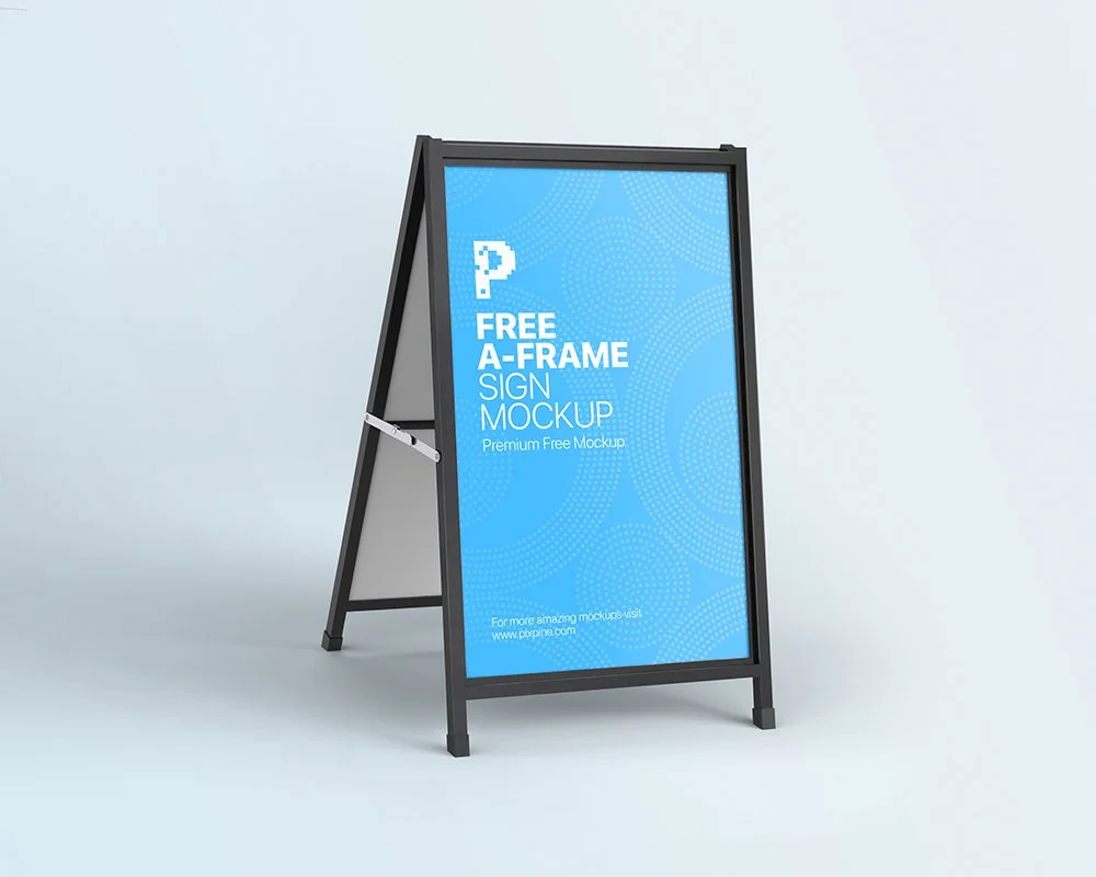 Blue A-frame signboard with mockup text on a light background.