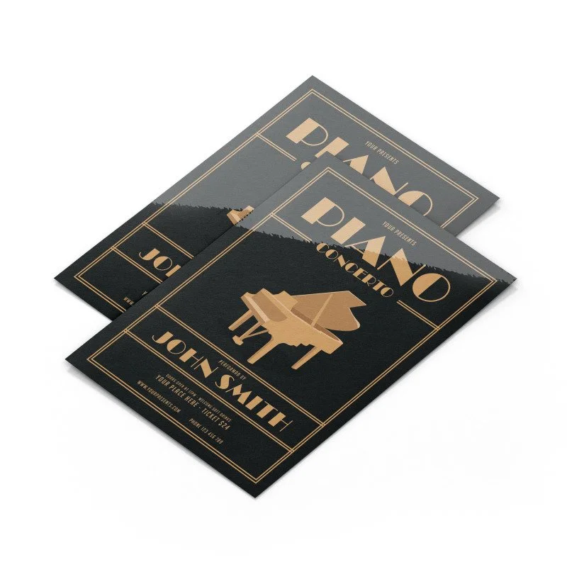 Concert flyers for a piano show by John Smith, featuring an illustration of a grand piano on a dark background with gold accents.