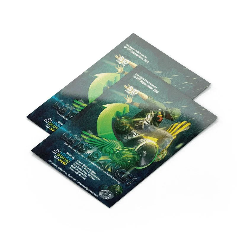 Two flyers or posters for a dance event featuring a person in futuristic gear riding a motorcycle with neon green and yellow accents, with text about a dance event on September 21, 2018, including DJ names and venue details.