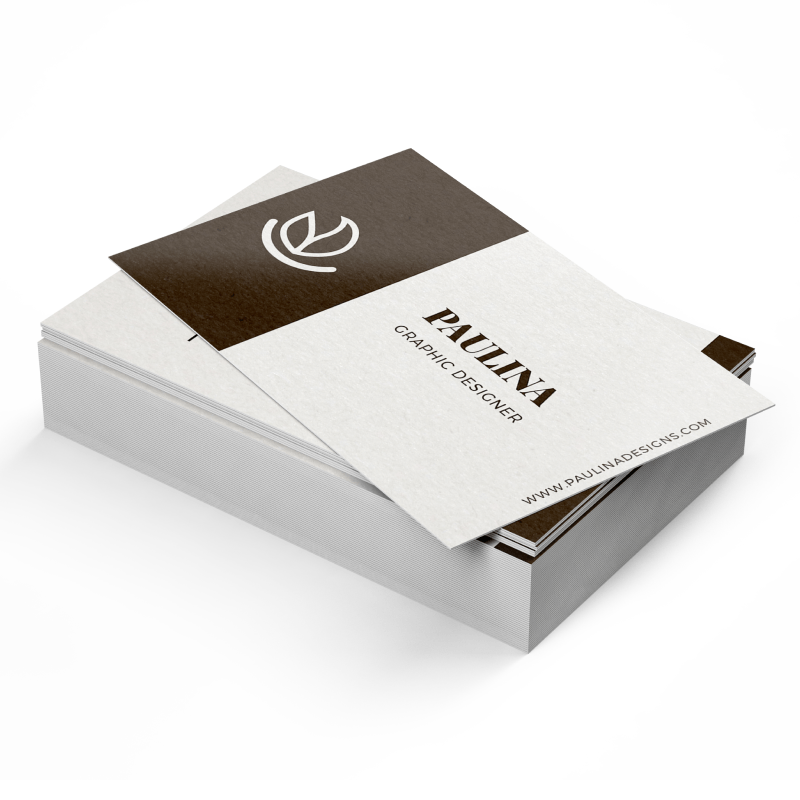 Stack of business cards for a graphic designer named Paulina, featuring a black and white logo and website URL.