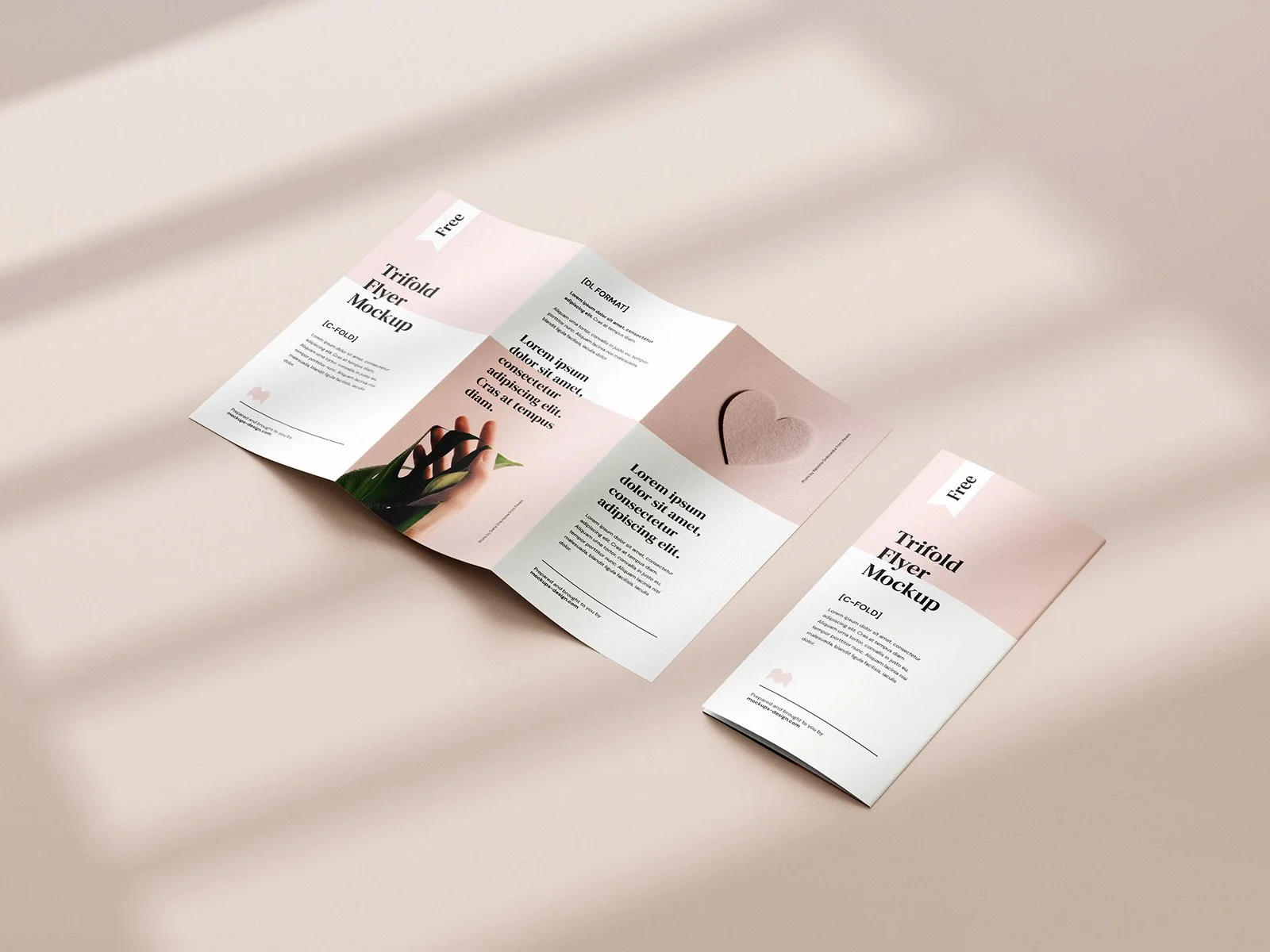 Trifold flyer mockup with a soft pink and white color scheme, featuring images of a heart and fashion models, and text promoting a free flyer design.