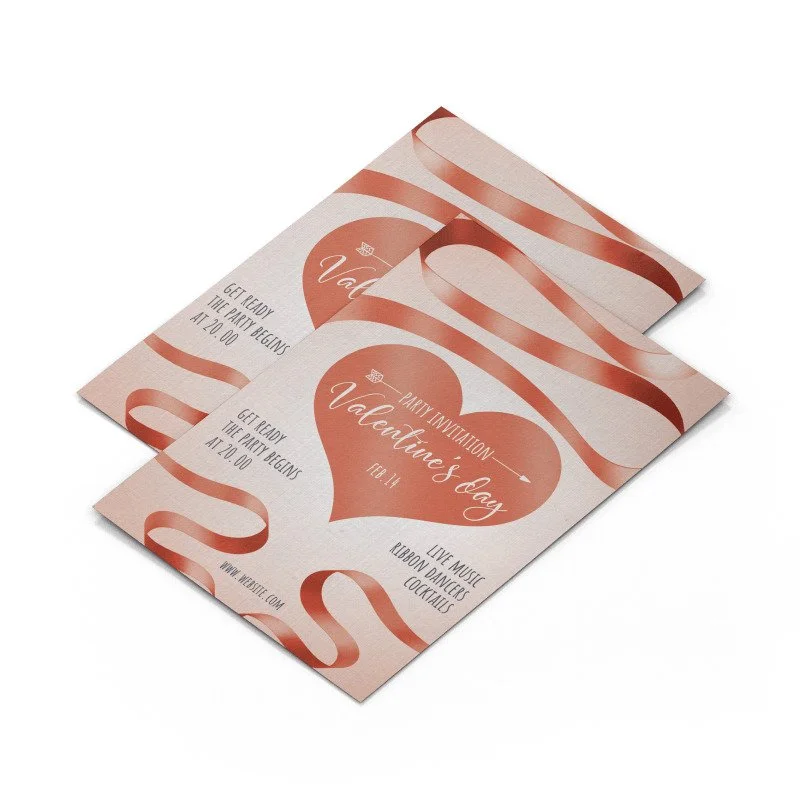 Valentine's Day party invitation cards featuring a large heart design and romantic curves, with event details about live music, live dancers, and cocktails.