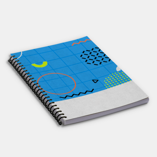 A spiral-bound notebook with a colorful abstract geometric cover design featuring blue, yellow, orange, black, and gray shapes.