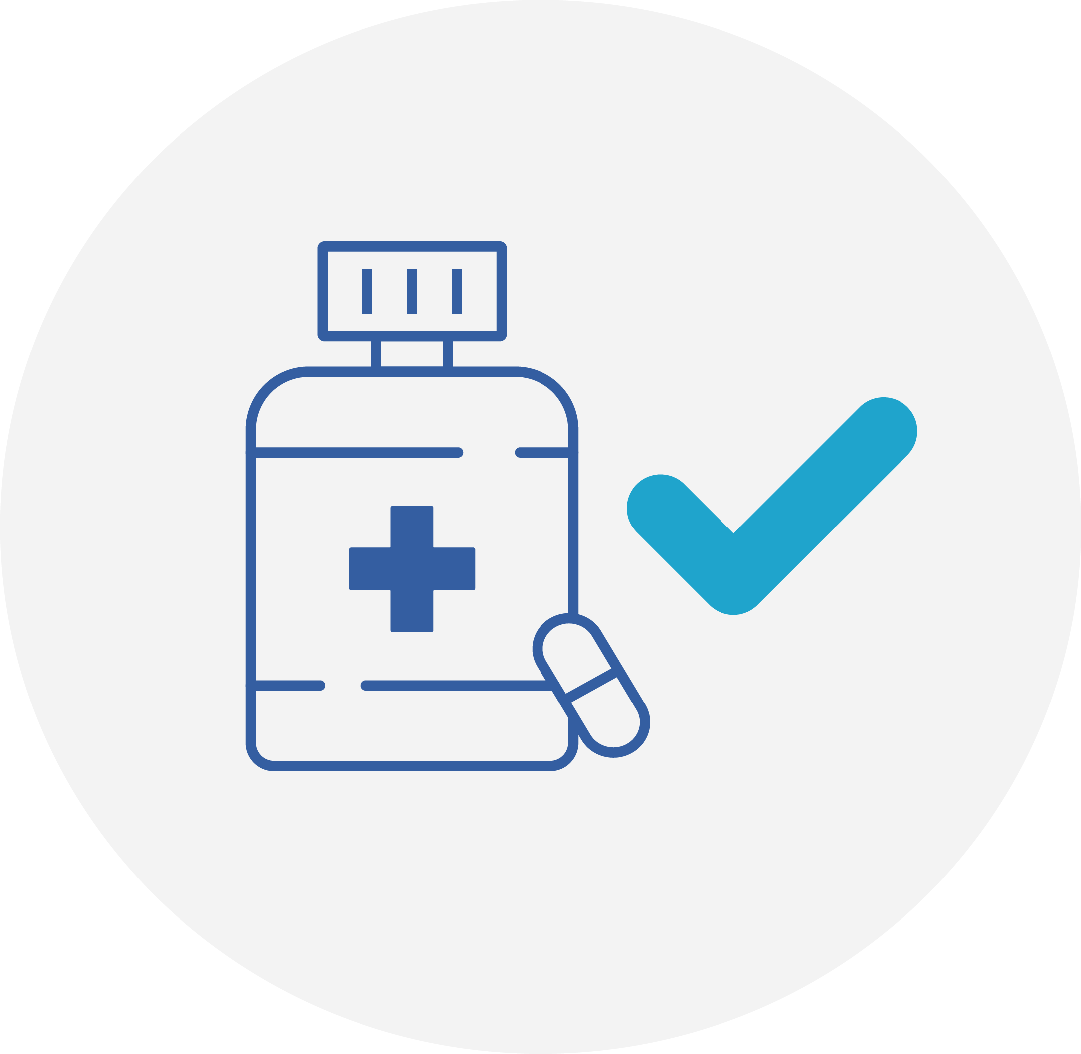 A blue bottle of prescription pills with a checkmark next to it