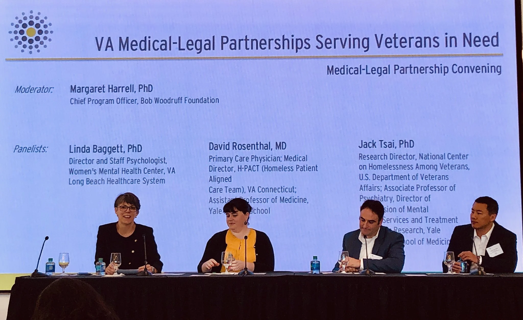 Moderator Margaret Harrell, PhD with speakers Linda Bagget, PhD, David Rosenthal, MD, and Jack Tsai, PhD.