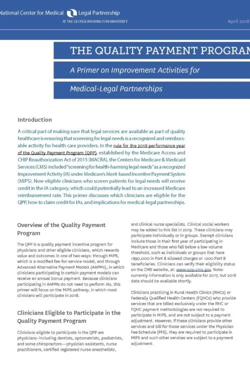 Rule Change: “Screening for Health-Harming Legal Needs” is an Improvement Activity Under CMS’ Quality Payment Program