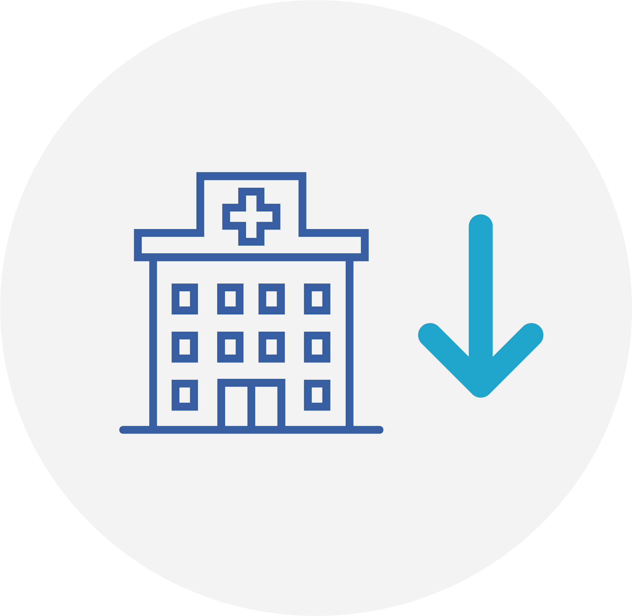 A blue hospital with an arrow pointing downward next to it