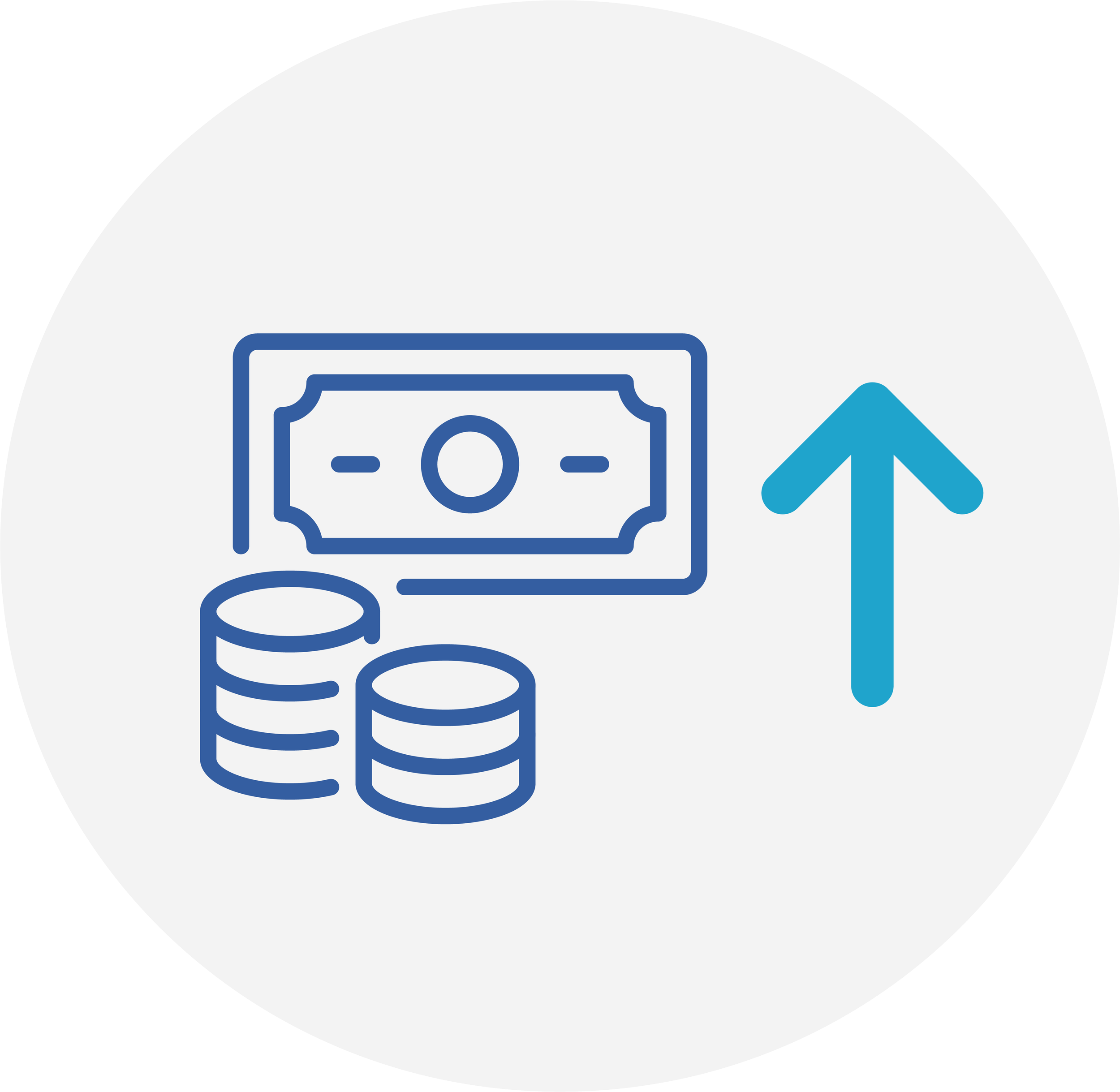 A blue dollar bill and coins with an arrow pointing upward next to it