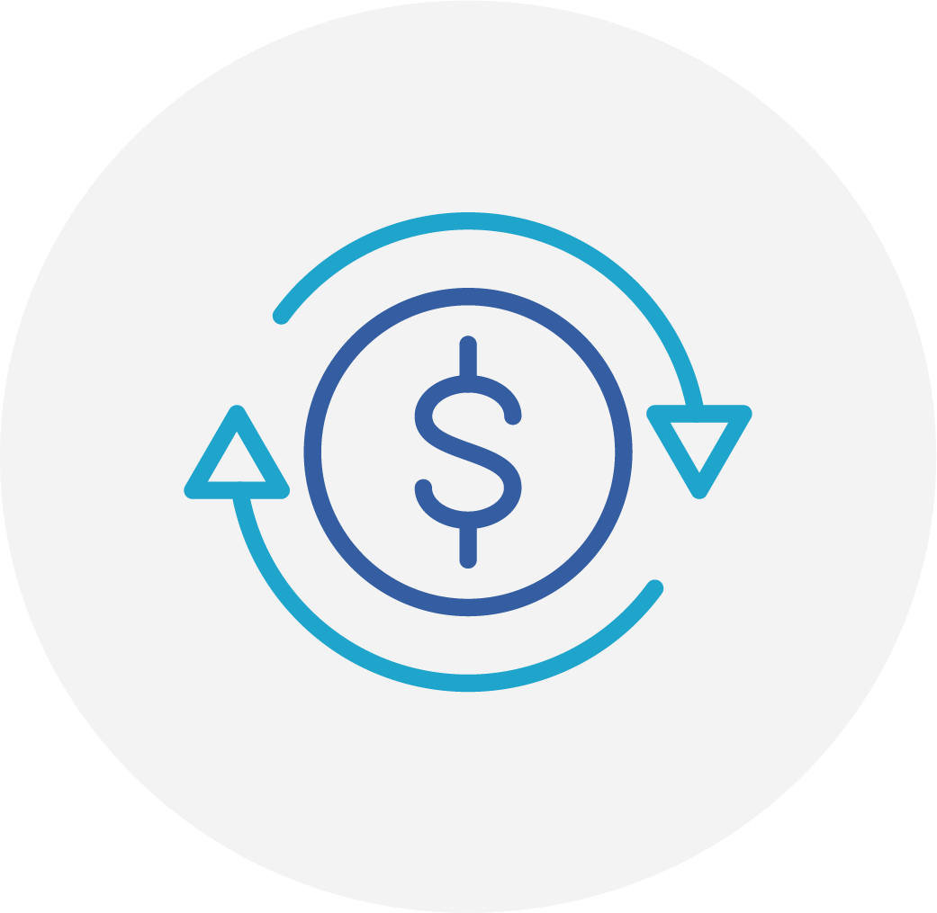 A blue dollar sign with arrows moving clockwise around it