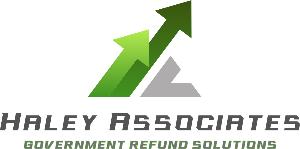 Logo for Haley Associates with stylized green and gray mountain and upward arrows, and the text 'Haley Associates' and 'Government Refund Solutions'.