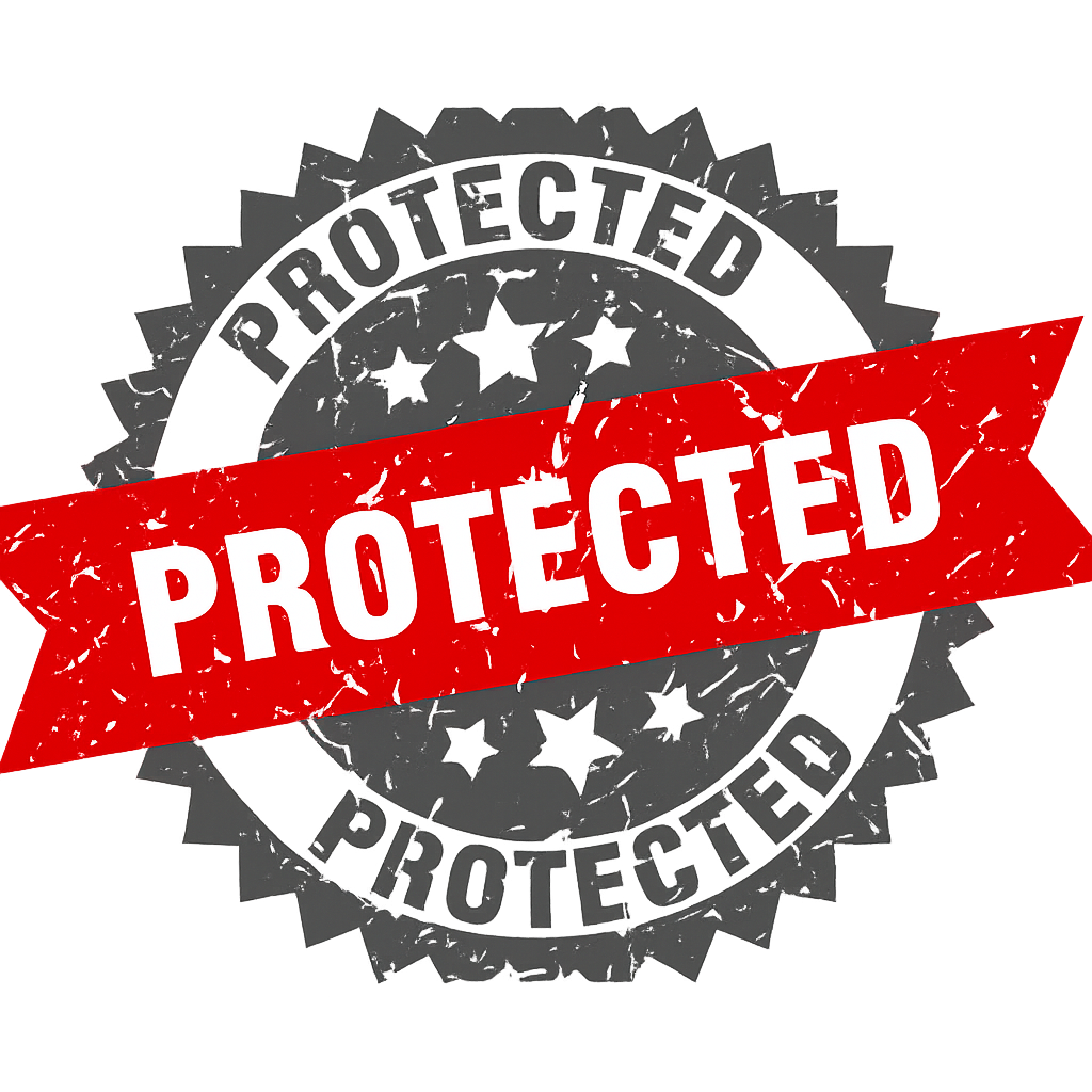 A badge with a circular design that says 'PROTECTED' twice, with a red banner across the middle with the word 'PROTECTED' in white letters. The badge has a black background with stars and gear-like edges.