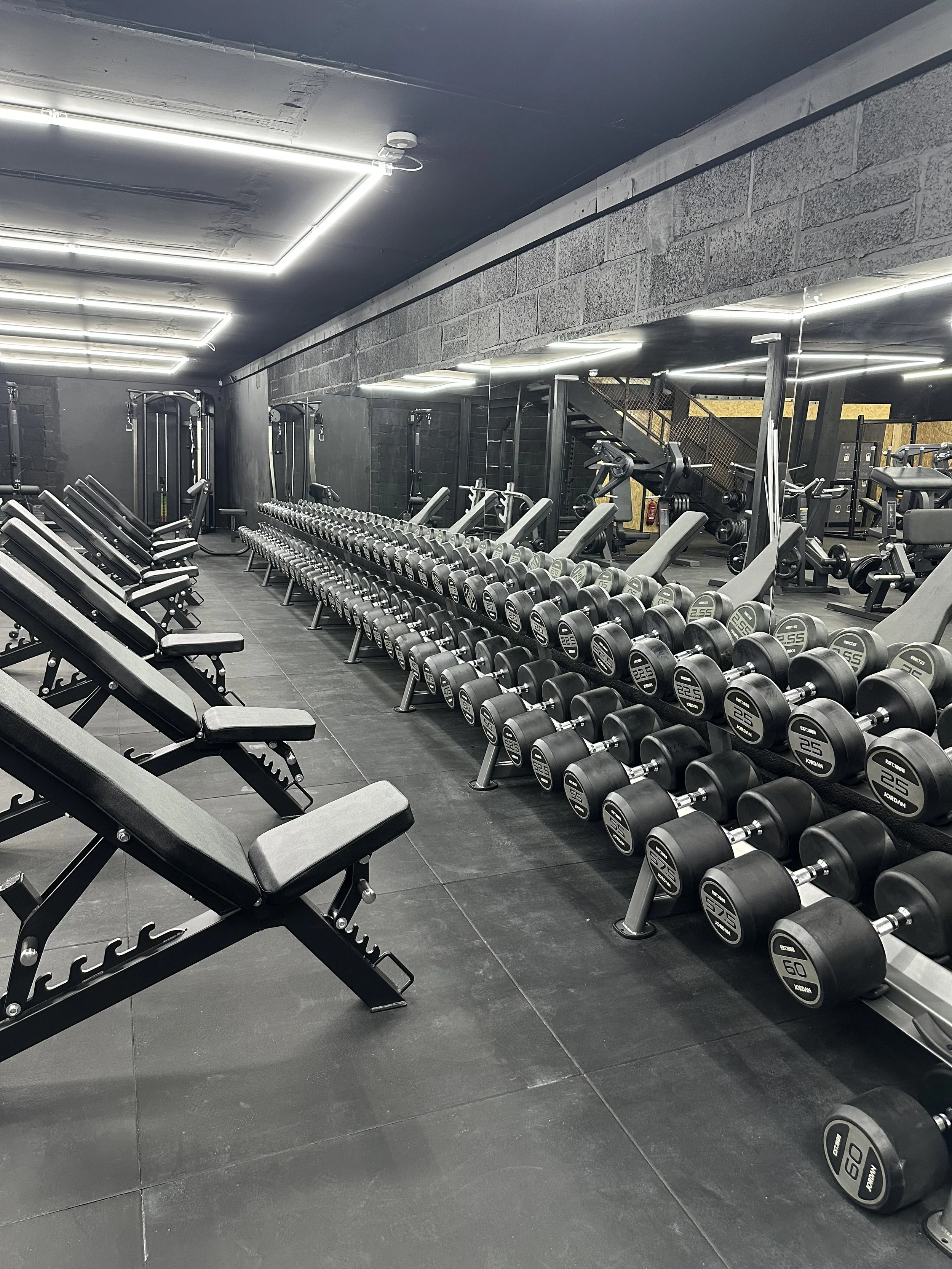 Empty gym with black rubber flooring, rows of black and gray dumbbells organized by weight on racks, power lifting benches, and weight machines, all illuminated by modern LED lighting fixtures on a black ceiling with gray brick walls.