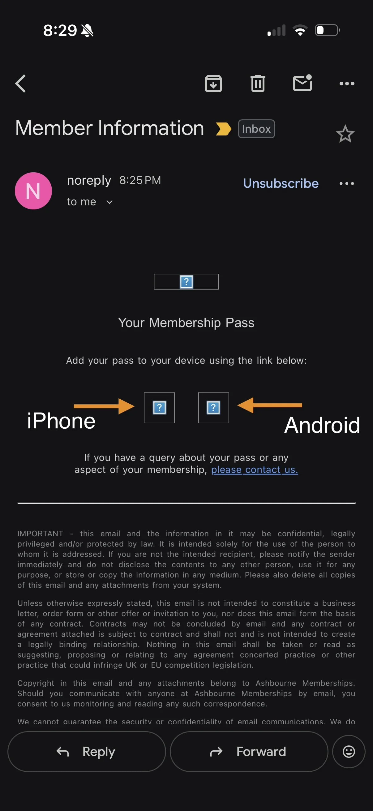 Email screenshot showing membership pass links for iPhone and Android devices, with arrows pointing to the respective icons labeled 'iPhone' and 'Android'.