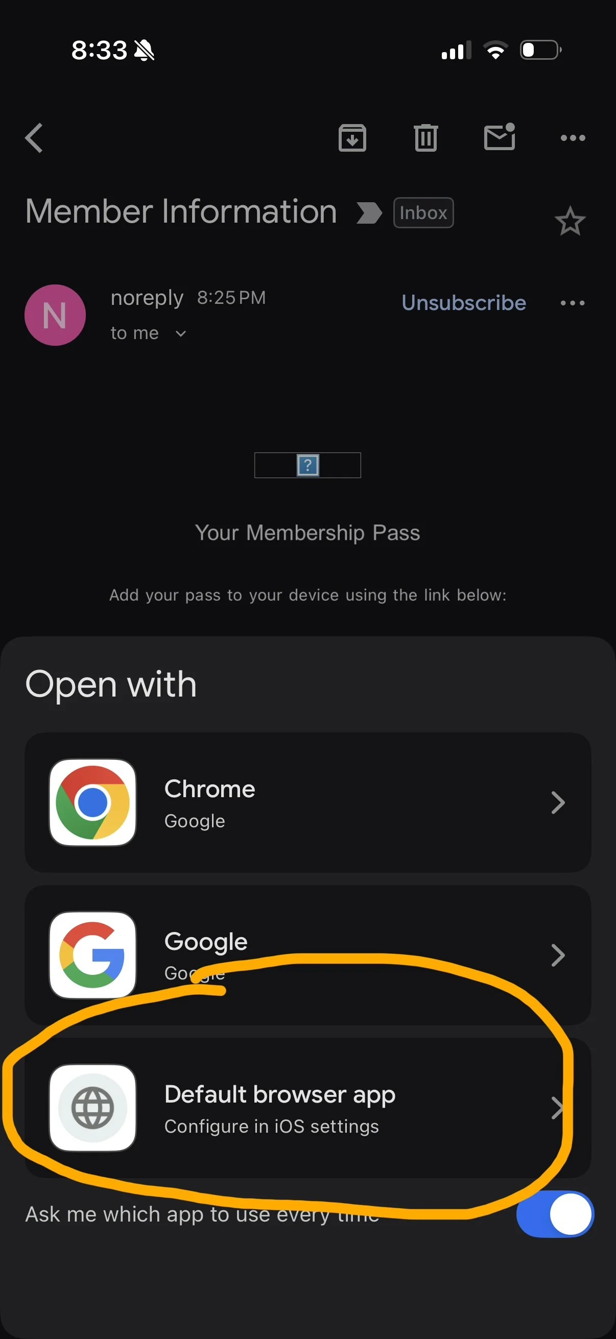 Screenshot of a mobile device showing a menu to select the default web browser app, with options for Chrome, Google, and the default browser app, indicated for configuration in iOS settings.