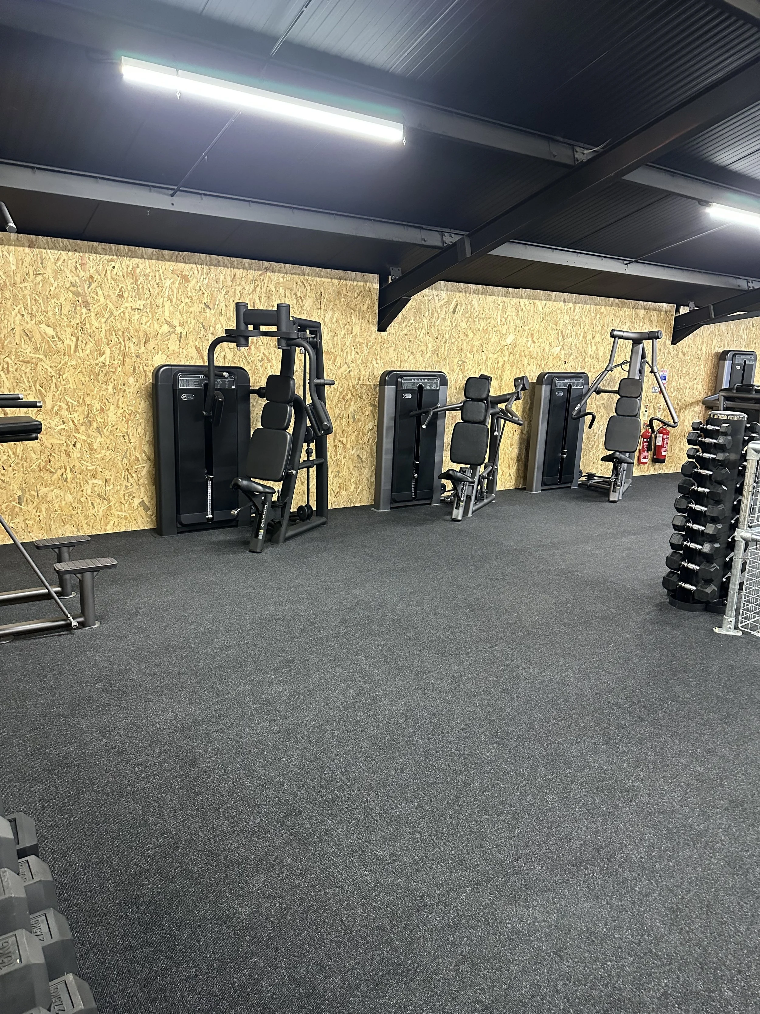 Empty gym with workout machines against a wood-textured wall, including a multi-use gym station, exercise bikes, and dumbbell racks, illuminated by ceiling lights.