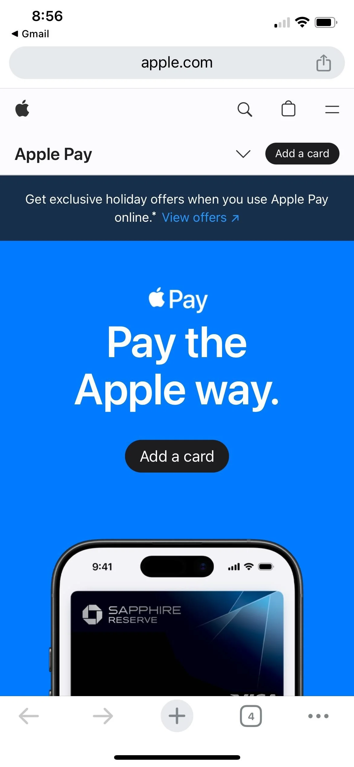 Screenshot of Apple Pay promotional webpage showcasing the slogan 'Pay the Apple way' with an option to add a card, and an image of a Sapphire Reserve credit card on an iPhone.