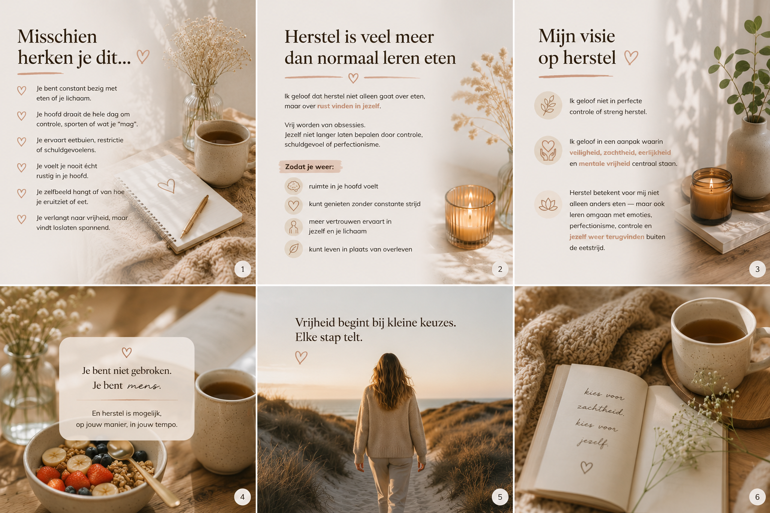 Een collage van zes foto's met rustgevende woorden,kaarsen, een boek, een kop koffie, een vrouw op het strand, en bloemen, allemaal met een zachte beige en bruine kleurenschema.